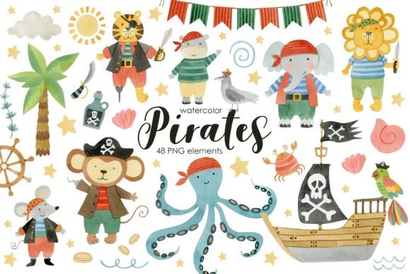 Animals Pirates Watercolor Illustrations for Branding