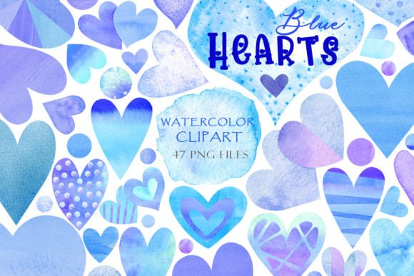 Blue Hearts Watercolor Set: Illustrations for Editorial Use