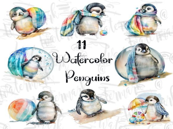 Bundle of 11 Watercolor Beach Penguins Illustrations