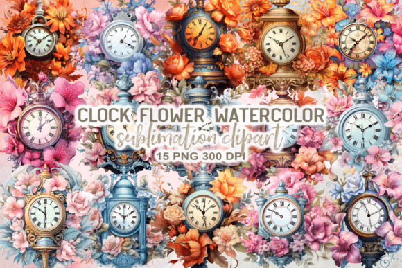 Clock Flower Watercolor Clipart for Illustrations