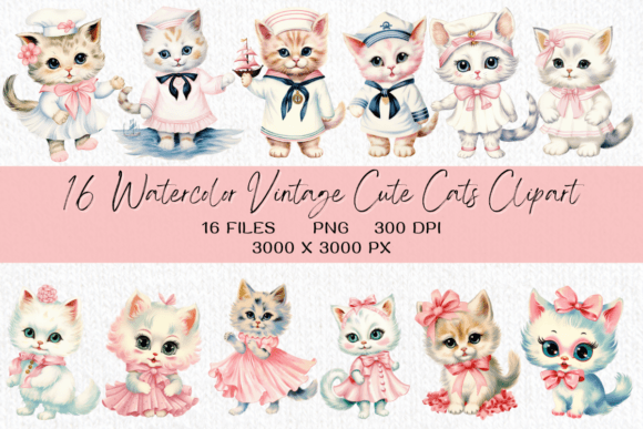 Cute Vintage Cat Watercolor Clipart for Illustrations