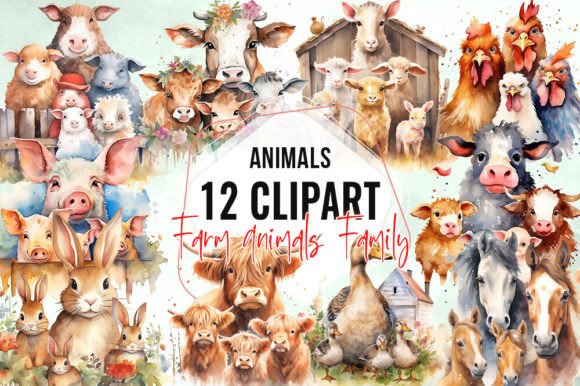 Farm Animals Family Watercolor Clipart Illustrations