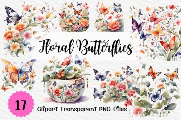 Floral Butterflies Watercolor Clipart Illustrations