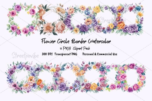 Floral Circle Border Watercolor Clipart Illustrations