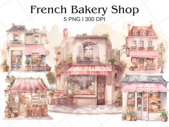 French Bakery Shop Watercolor Clipart Illustrations