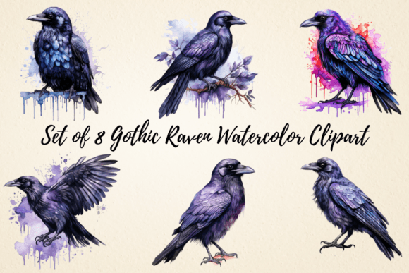 Gothic Raven Watercolor Clipart: Illustrations for Crafters