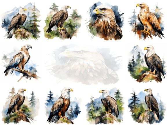 Majestic Eagle Illustrations: Watercolor Clipart Bundle