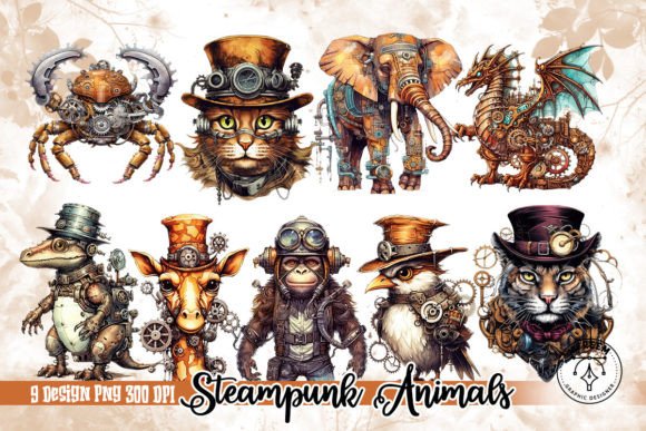 Steampunk Animals Watercolor Illustrations for Web