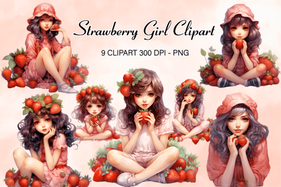 Strawberry Girl Watercolor Clipart Illustrations