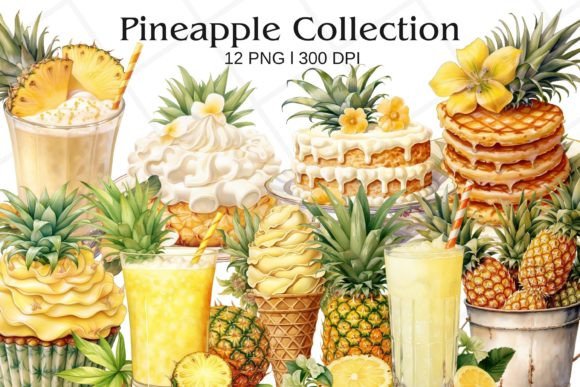 Summer Pineapple Watercolor Clipart Illustrations