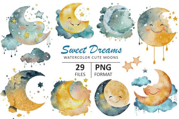 Sweet Dreams Watercolor Cute Moons: Editorial Illustrations