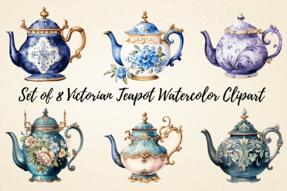 Victorian Teapot Watercolor Clipart: Editorial Illustrations