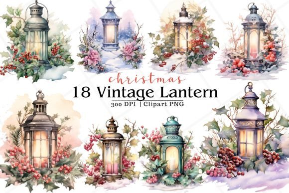 Vintage Lantern Watercolor Clipart: Editorial Illustrations