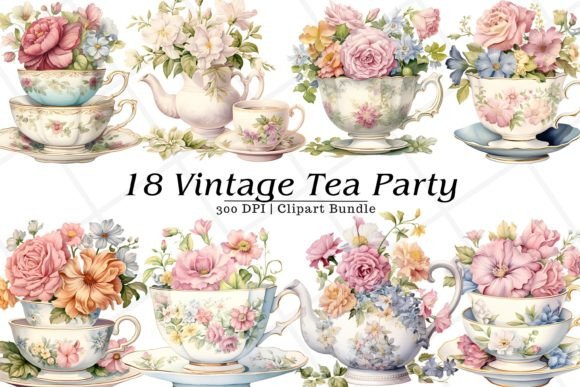 Vintage Tea Cup Party Illustrations for Digital Products
