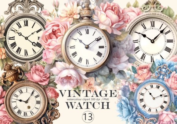 Vintage Watch Clipart Watercolor 13 Png Illustrations