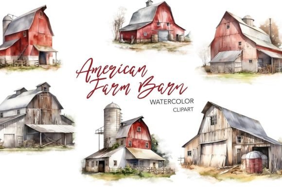 Watercolor American Farm Barn Illustrations for Editorial