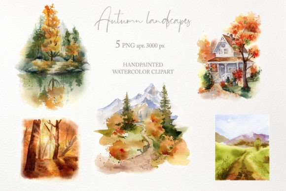 Watercolor Autumn Landscape Clipart PNG Illustrations