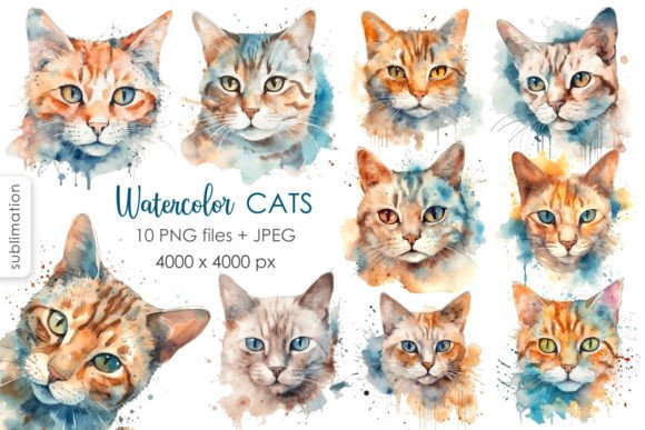Watercolor Cats PNG Clipart: Editorial Illustrations