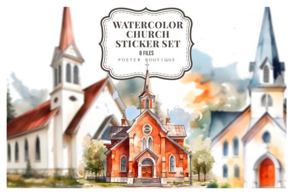 Watercolor Church Clipart Set: Illustrations for Digital Products
