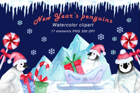 Watercolor Clipart New Year's Penguins Illustrations