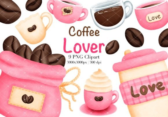 Watercolor Coffee Lover Clipart: Editorial Illustrations