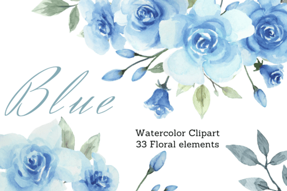 Watercolor Dusty Blue Roses Clipart Set Freebies