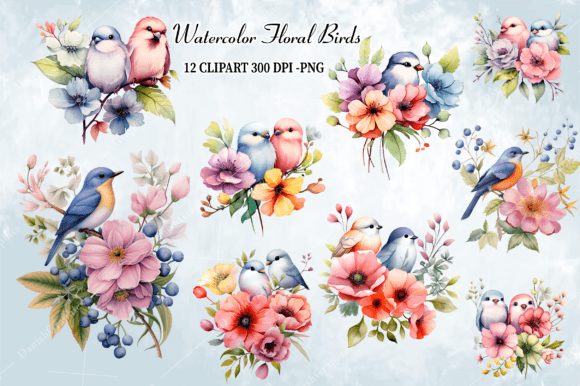 Watercolor Floral Birds Clipart PNG for Illustrations