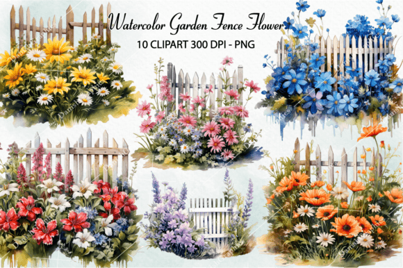 Watercolor Garden Fence Flower Clipart Illustrations