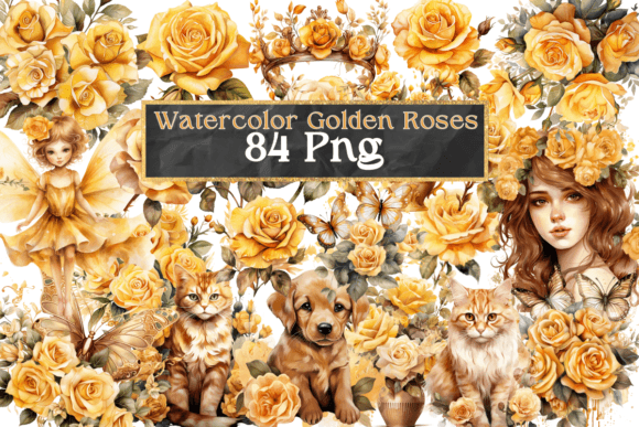 Watercolor Golden Roses Illustrations for Editorial Design
