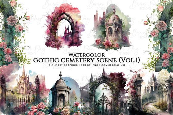 Watercolor Gothic Cemetery Scene Clipart: Illustrations Review