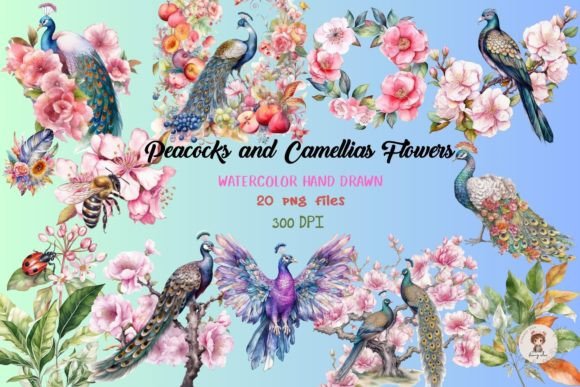 Watercolor Peacocks Clipart for Embroidery