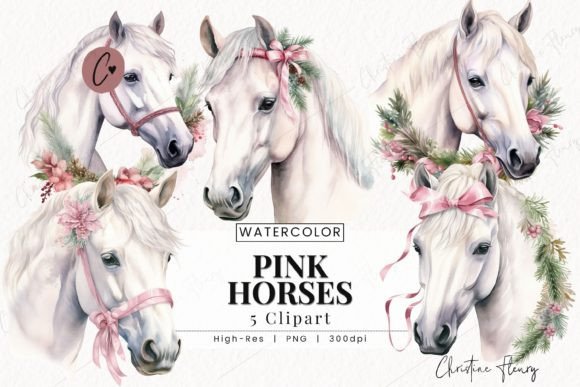 Watercolor Pink Horses Clipart for Illustrations