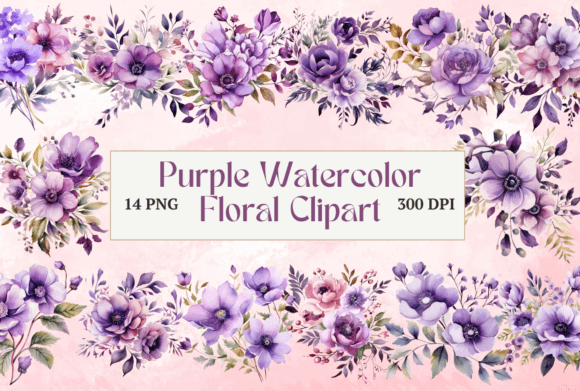 Watercolor Purple Bloom Flower Clipart Illustrations