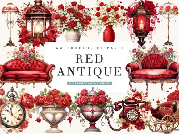 Watercolor Red Antique Clipart Bundle: Illustrations Review