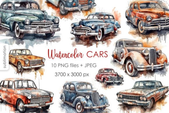 Watercolor Retro Cars PNG Clipart: Brand Illustrations