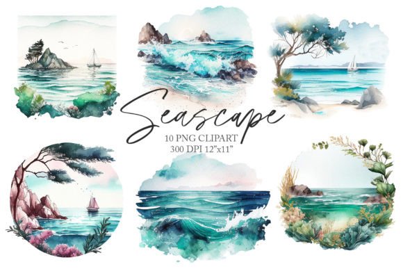 Watercolor Sea Scape Clipart PNG for Illustrations