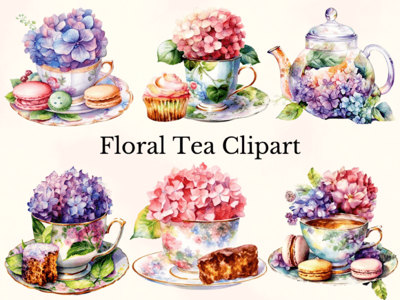 Watercolor Vintage Floral Tea Clipart Illustrations