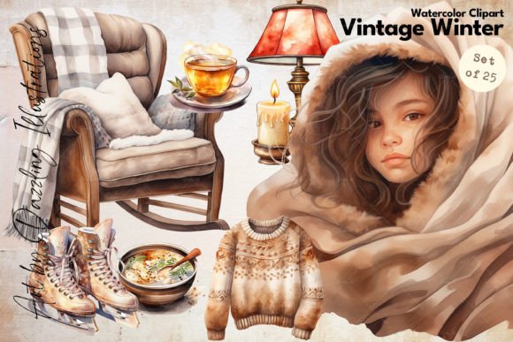 Watercolor Vintage Winter Collection Illustrations Review