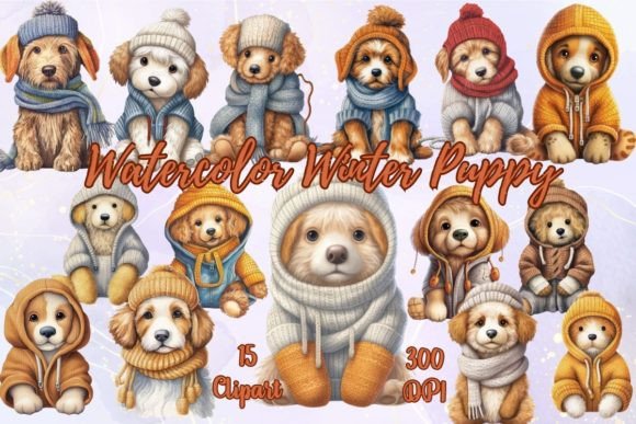 Watercolor Winter Puppy Clipart for Illustrations