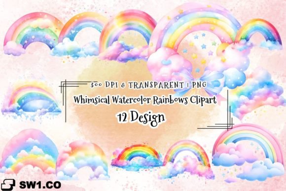 Whimsical Watercolor Rainbows Clipart Illustrations