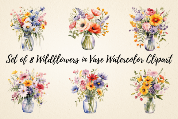Wildflowers in Vase Watercolor Clipart Illustrations
