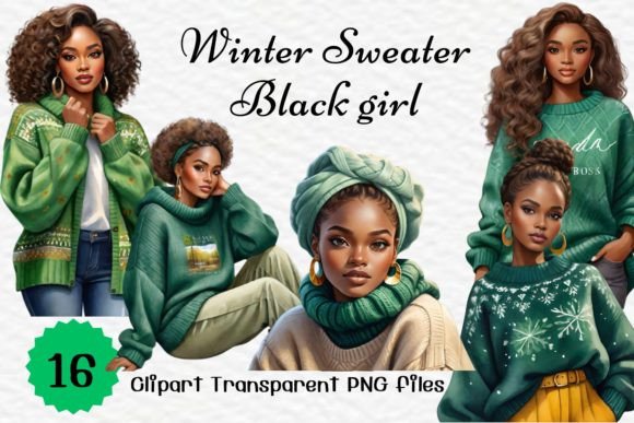 Winter Sweater Black Girl Watercolor PNG Illustrations